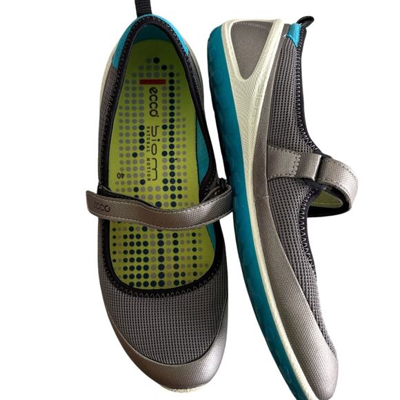 NWOT Ecco Biom Lite MJ Mary Jane Shoes Silver Grey Teal Sz EU 40/ US 9.5 - Picture 2 of 4